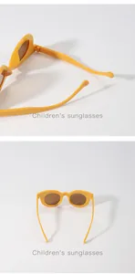 Nahaufnahme und Draufsicht einer makaron-gelben runden Kindersonnenbrille mit braunen Gläsern