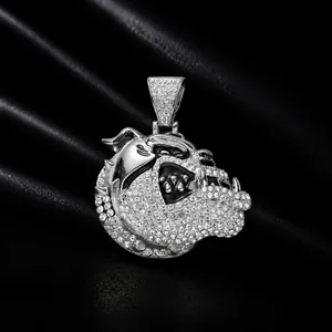 Iced out bulldog pendant necklace for men with full pavé rhinestones and hip hop style.
