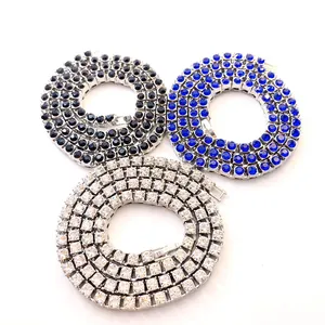 Detailed view of 5mm single-row rhinestone tennis chains in black, blue and white