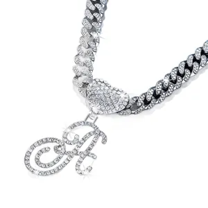Sparkling iced out hip hop Cuban link necklace with heart and cursive letter A pendant