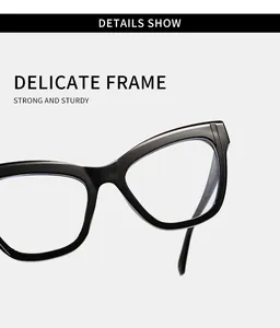 Detail view showing the sturdy black cat-eye frame of the anti-blue light glasses