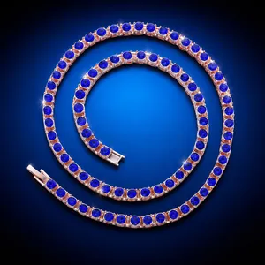 Collier de Tennis Hip Hop en Alliage Strass Bleu pour Hommes Femmes Chaîne à Maillons Cubains Iced Out Bijoux Streetwear Cadeau
