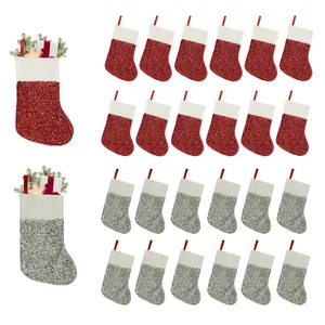 Mini Christmas Stocking Sequin Fabric Small Xmas Socks Hanging Ornament For Christmas Tree Table Cutlery Holder Candy Bag