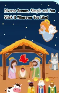 Children DIY Christmas nativity sticker set showing manger scene with characters.