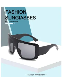 Detailed close-up of oversized black shield sunglasses featuring a modern retro design