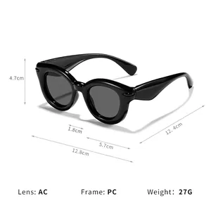Black round children's sunglasses with PC frame, AC lens, and dimension measurements.