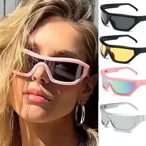 Occhiali da Sole Y2K Punk Avvolgenti Monopezzo per Donna Uomo Shield Grande Montatura Ciclismo Sport Moda Glitter Argento