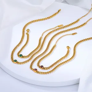18k gold plated titanium steel cuban link chain necklaces with green and red zircons