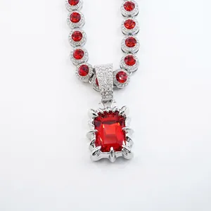 Luxury vintage silver necklace with large rectangular red crystal pendant and red gemstone chain