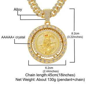 Detail view of rotating Grim Reaper pendant necklace with dimensions and weight info.