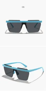 Front and side view of children's blue rimless polygon sunglasses with gray lenses