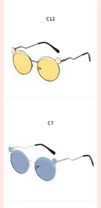 Children's round metal sunglasses with cute ear design and wavy temples in blue and yellow