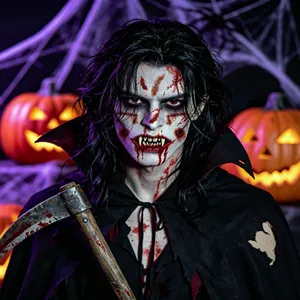 Realistic Halloween scar tattoo stickers shown on a model for a horror vampire look.