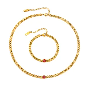 18k gold plated stainless steel Cuban chain necklace and bracelet set with red zircon stone