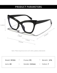 Detailed technical parameters and size guide for black cat-eye anti-blue light glasses