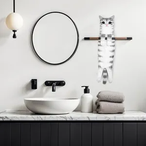 Realistic grey tabby cat shaped hanging hand towel in a modern bathroom setting