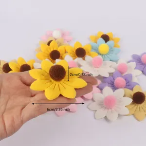 Detailed view of colorful felt sunflower daisy decorations with 6cm and 2cm dimensions