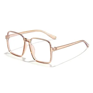 Stylish large square anti-blue light glasses for women in a transparent peach finish
