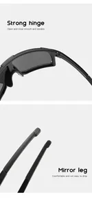 Close-up of the strong hinge and mirror leg details on children cycling sunglasses