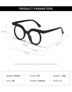 Detailed technical view of round retro glasses showing frame dimensions and material specs