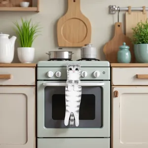 Realistic cat-shaped hanging hand towel displayed on a kitchen oven handle for drying.