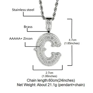Detailed size and material diagram for iced-out letter C pendant necklace.