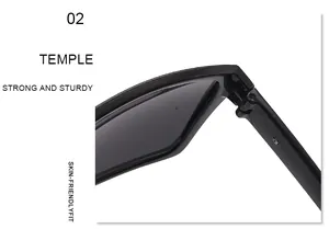 Detailansicht des robusten Bügels und Scharniers der modischen schwarzen Oversize-Sonnenbrille.