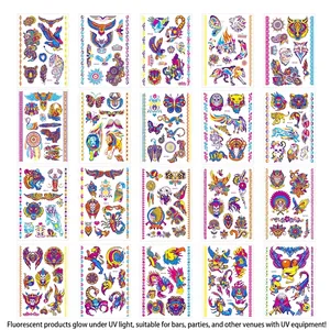 Détail de 20 motifs différents de tatouages temporaires fluorescents