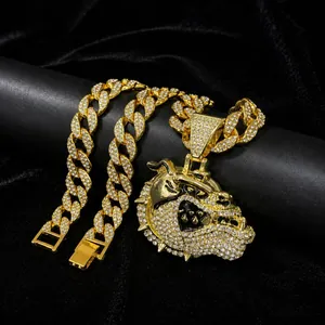 Hip hop gold finish iced out bulldog pendant necklace with sparkling Cuban chain