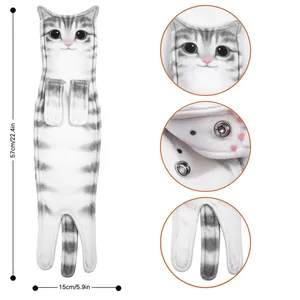 Detailed views of realistic cat-shaped hanging hand towel with snap button