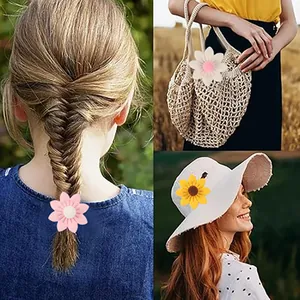 Multi-use decorative sunflowers shown as accessories for hair, bags, and summer hats.