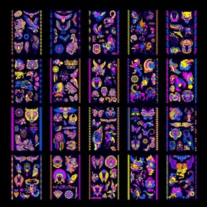 Lot de 20 planches de tatouages temporaires fluorescents UV aux motifs d'animaux sauvages