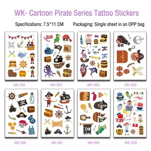 Detailed view of eight unique cartoon pirate themed temporary tattoo stickers for children