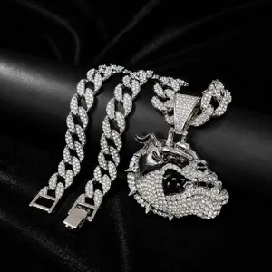 Iced out bulldog head pendant necklace with silver tone cuban link chain for men
