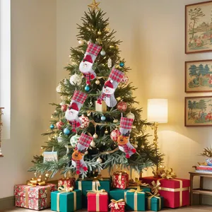 Festive knitted Christmas stockings hanging as ornaments on a beautifully decorated tree.