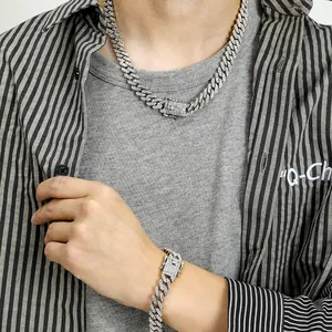 Premium zilverkleurige iced-out Cubaanse schakelketting en armband set voor heren en dames hiphop