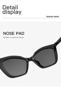 Detail view of black narrow frame cat eye sunglasses highlighting the ergonomic nose pad