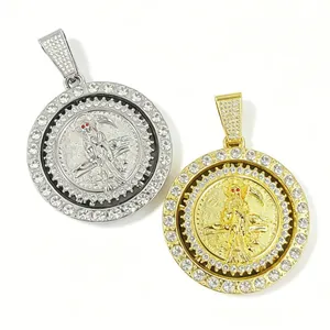 Detailed view of the rotating hip-hop grim reaper pendants featuring full rhinestone inlay