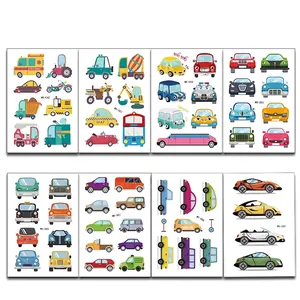 Collection of cartoon vehicle tattoo stickers featuring cars, trucks, and buses