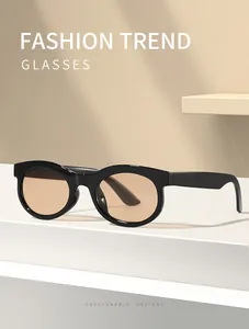 Primer plano de gafas de sol unisex con montura negra y lentes marrones en estudio