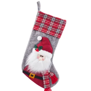 Grey and red Christmas stocking with 3D Santa Claus character and white fur beard