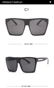 Detailansichten der schwarzen übergroßen Mode-Sonnenbrille mit Front- und Seitenprofil