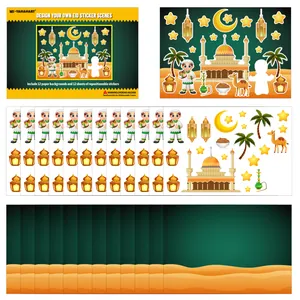 Detail view showing 12 sticker sheets and background cards for DIY Eid Al-Fitr scenes