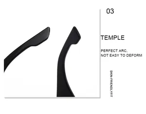 Detail view of black sunglasses temple featuring a smooth, skin-friendly arc design.
