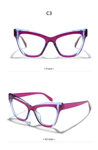 Fashionable purple and blue cat-eye anti-blue light glasses in front and side views