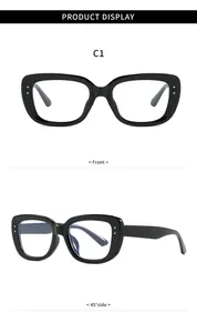 Detailed views of black square anti-blue light glasses frames with silver decorative studs.
