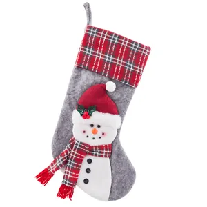 Detail of grey Christmas stocking with a 3D snowman and red plaid cuff decoration