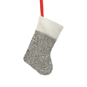 Mini silver glitter Christmas stocking ornament for tree or cutlery decor