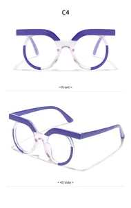 Stylish purple and clear round thick-frame glasses shown from front and side angles.