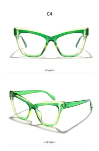 Two views of green and yellow cat-eye glasses frames with a modern gradient finish.